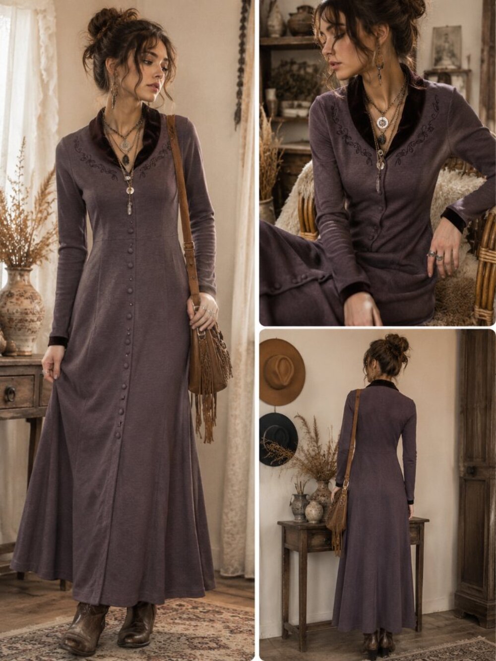 Vintage NWOT 90s Norm Thompson Boho Button Front Coatdress Velvet Collar Maxi S